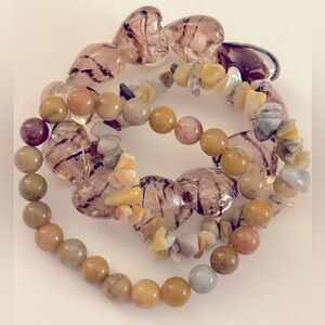 3 Bracelets: 2 Polished Agate stones; striped art glass root beer hearts stretch